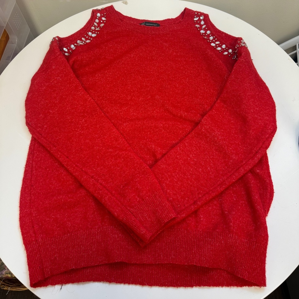 Inc Jeweled Studed Cold Shoulder Sweater in Red